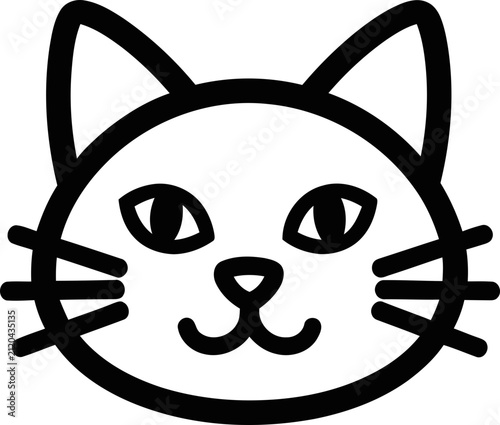 Cute Hand-Drawn Cat Face Icon, Minimalist Line Art, Black and White Vector Illustration