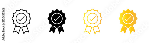 Award Ribbon Icon with Check Mark, Quality Certification Badge, Outline and Solid Vector Set