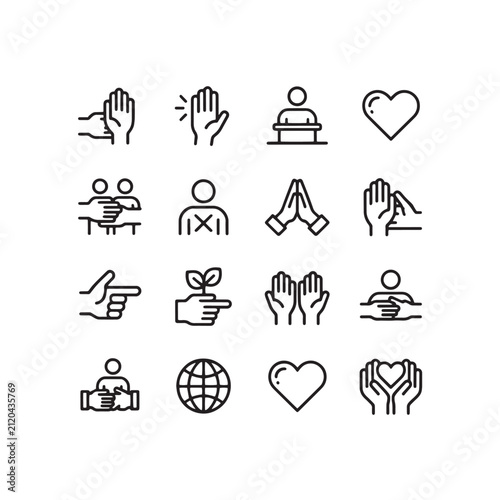 A set of 18 minimalist line art icons arranged in a 3x6 grid on a white background 