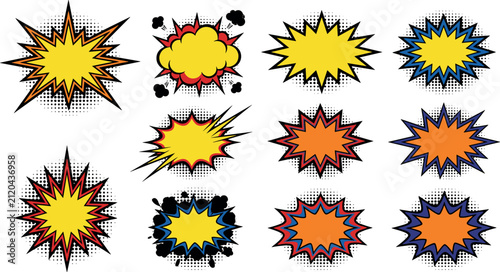 Fotografie Comic book explosion speech bubbles set with retro pop art burst elements, halftone dot shading graphics, dynamic starburst stickers, and cartoon action sound vector illustration