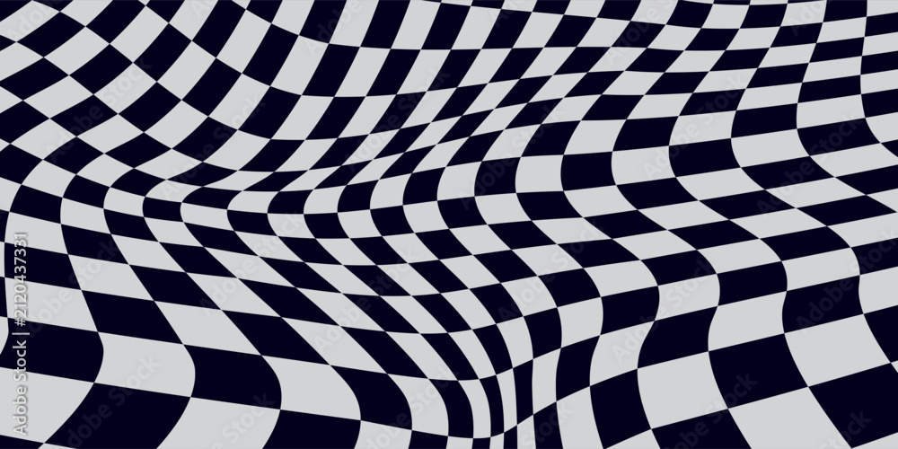 Obraz premium Abstract Dark Checkerboard Wave Pattern With Warped Grid and Optical Illusion Background