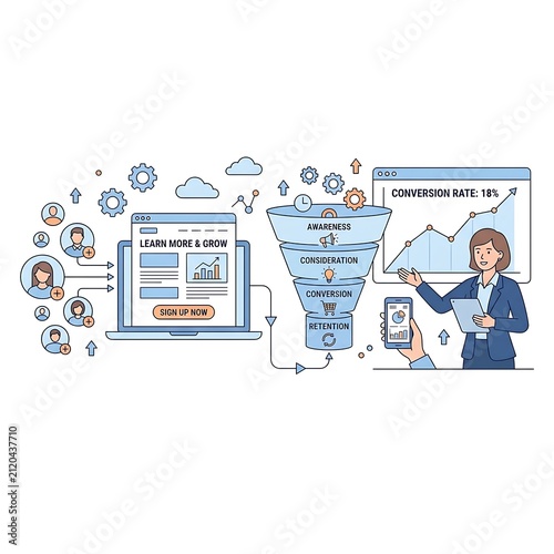 Sales funnel conversion strategy and data analysis with conversion, marketing