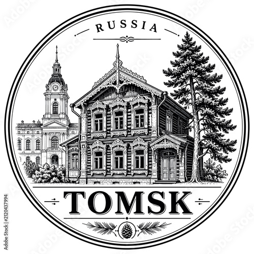 Bild auf Leinwand Vintage illustration of Tomsk, Russia featuring historic wooden architecture and