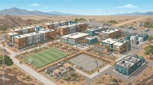A modular prefab housing assembly with sports facilities and open spaces for community living in a desert area.