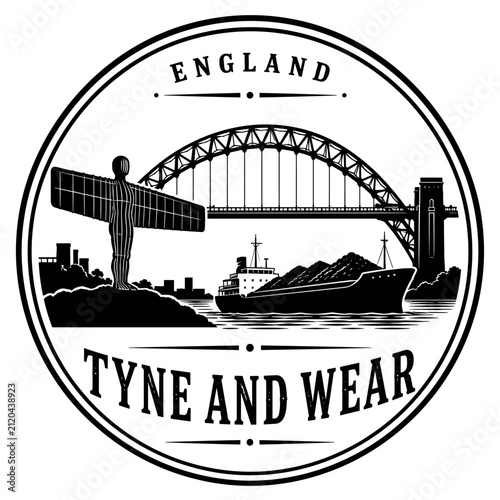 Tyne and Wear England Emblem with Angel of the North and Tyne Bridge