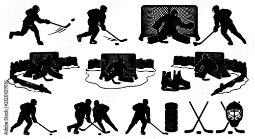 Photography Ice Hockey Action Silhouette Vector Icons Set, Sports Player Pucks and Goalie Gr