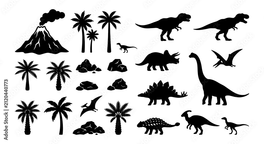 Fototapeta premium Dinosaur Silhouettes Collection, Prehistoric Vector Icons, Jurassic Era Elements, Volcanic Landscape Graphics, Palm Tree Graphics