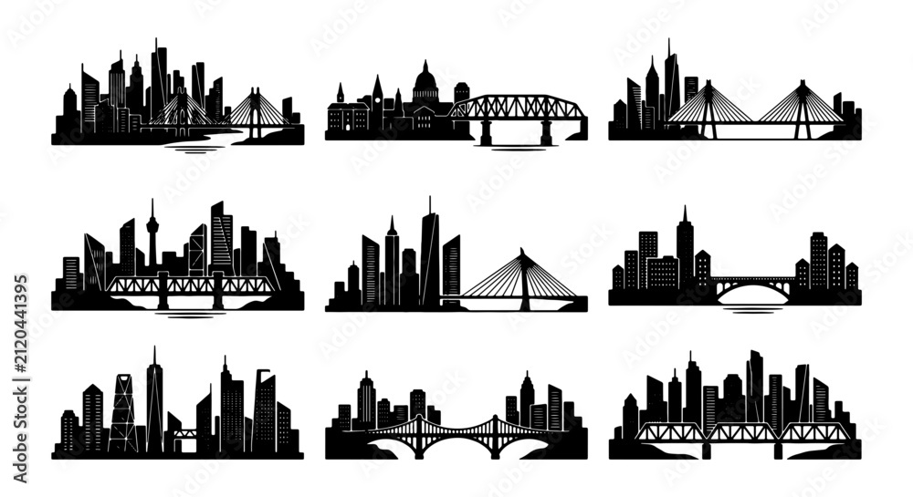 Obraz premium Diverse Cityscape Silhouettes, Modern Urban Skylines with Bridges, Architectural Icons Collection, Black and White Vector Graphics for Design