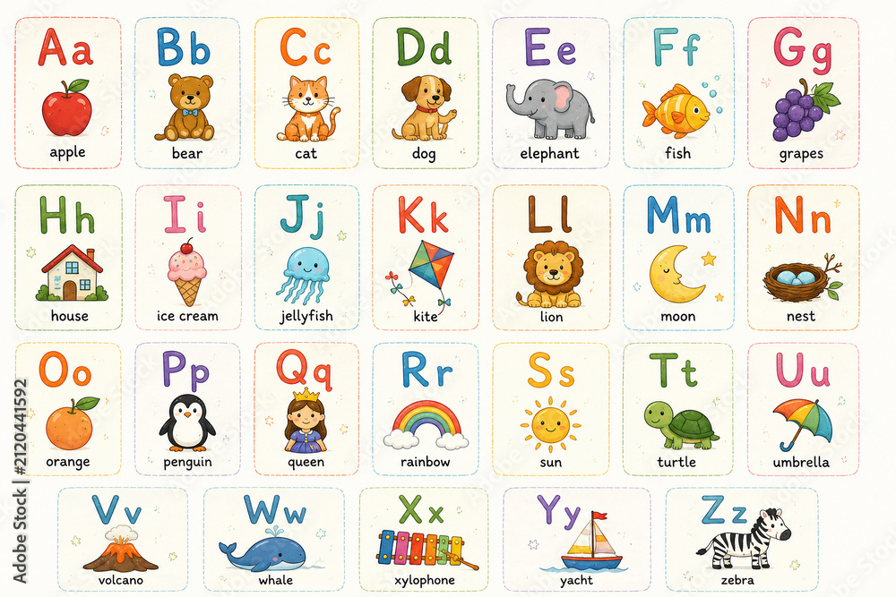 Fototapeta premium Colorful alphabet letters from A to Z with cute animal icons. Each letter has a unique animal or object theme. Bright, playful, and child-friendly design. Perfect for education, children's books