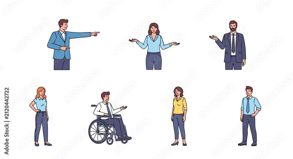 Fototapeta premium Complete set of diverse business professionals in smart casual suits presenting various active and welcoming poses.