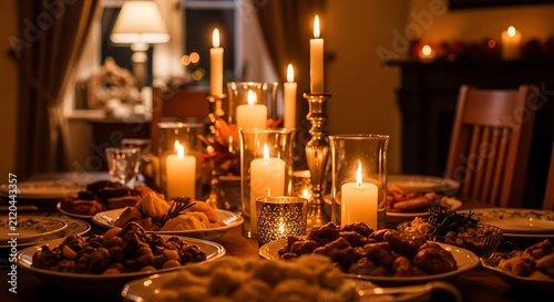 A warm, dimly lit dining table set for a festive holiday dinner with glowing pillar candles, glass holders, and plates of food in a cozy room
