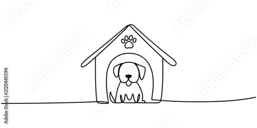 Photography Continuous single line drawing of a cute dog sitting inside a kennel house Vecto