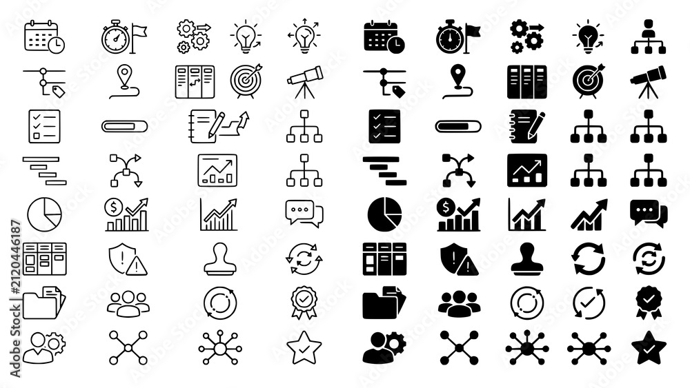 Obraz premium Collection of business and project management icons in outline and solid vector graphic styles