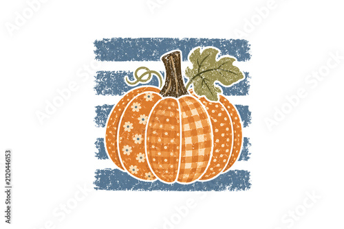 Rustic Patterned Pumpkin With Blue Brush Stripes And Oak Leaf Fall Sublimation Design