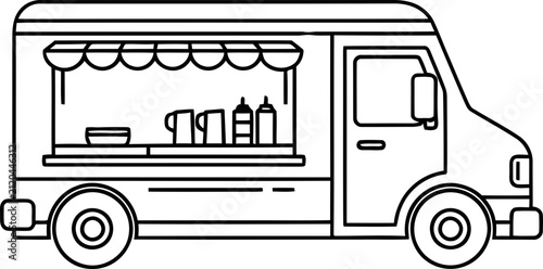 Fotografie Simple Line Art Food Truck Icon with Service Window and Condiments
