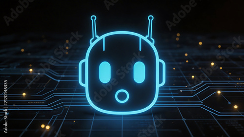 Blue glowing robot head on circuit board