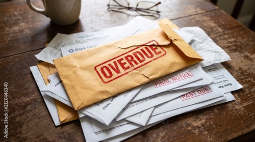 Overdue notice stamped on a stack of unpaid bills on a wooden table.