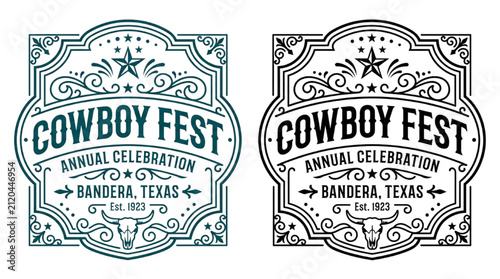 Vintage Western Style Cowboy Fest Badge Design With Ornate Filigree Elements and Cow Skull Icon