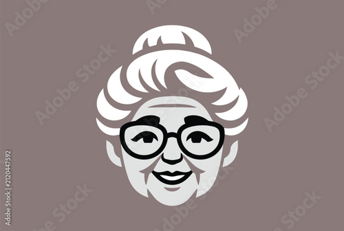 Friendly smiling face of a kind elderly woman with grey hair in a bun and round glasses in a clean minimalist mascot style.