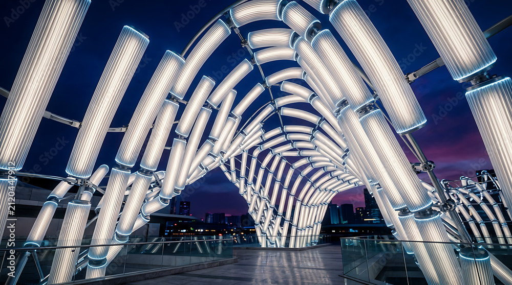 Naklejka premium Illuminated futuristic bamboo architecture at twilight with city skyline in distance