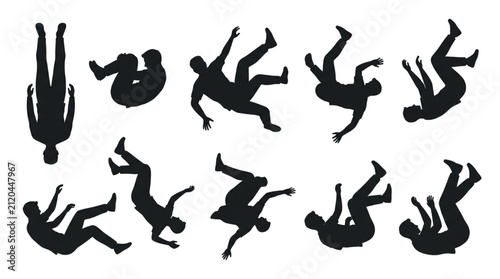 Картината върху платно Set of black silhouettes showing men in various falling and tumbling dynamic pos