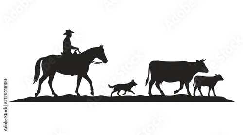 Western ranch silhouette with cowboy on horse herding cattle and dog
