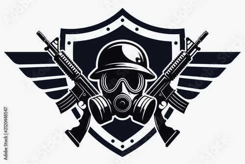 Bold black and white military emblem featuring a soldier in a helmet and gas mask with crossed assault rifles over a winged shield.