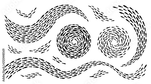 Abstract Illustration of a School of Fish Swimming in Dynamic Spirals and Waves
