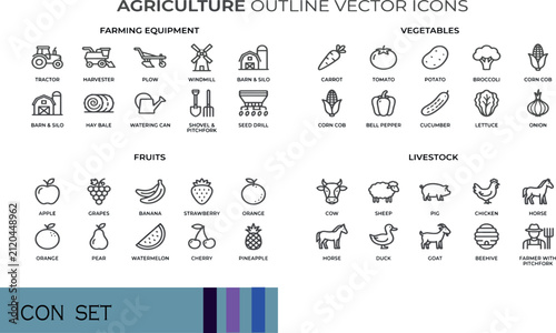Print Agriculture Outline Vector Icons Set Farming Equipment Vegetables Fruits Livestock