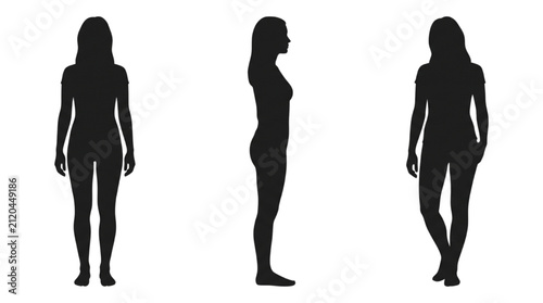Silhouette outlines of a female figure from front, side, and back views