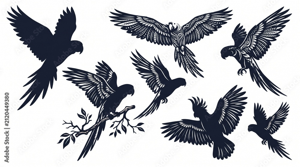Fototapeta premium Set of flying parrot silhouettes. Tropical bird icons in dynamic poses for design.