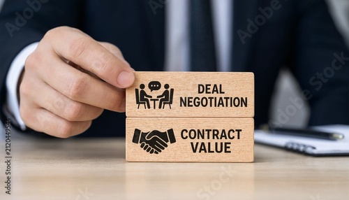 Professional hand pointing at wooden blocks illustrating deal negotiation and contract value during business meeting