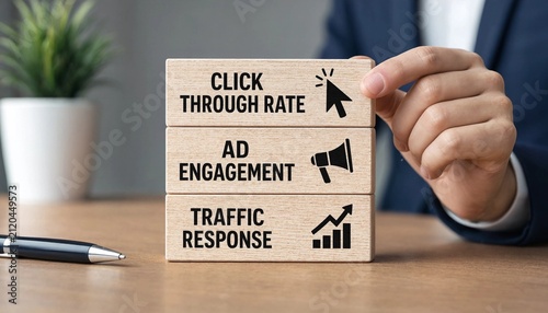 Professional hand pointing at wooden blocks illustrating key digital marketing metrics like click through rate ad engagement and traffic response