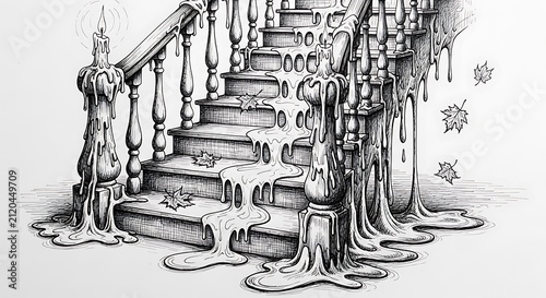 Detailed pencil of an old wooden staircase with melting wax candles on the banisters and falling autumn maple leaves around