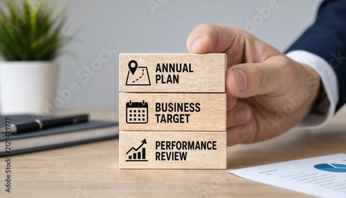 Professional holding wooden blocks representing annual business planning and performance review process on desk