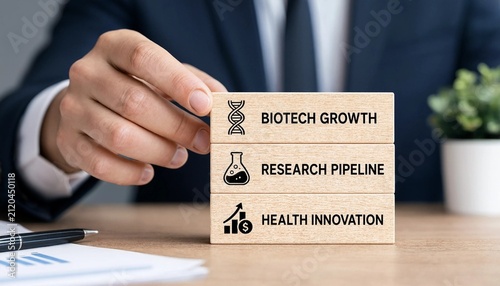 Professional pointing at wooden blocks illustrating biotech growth research pipeline and health innovation concepts