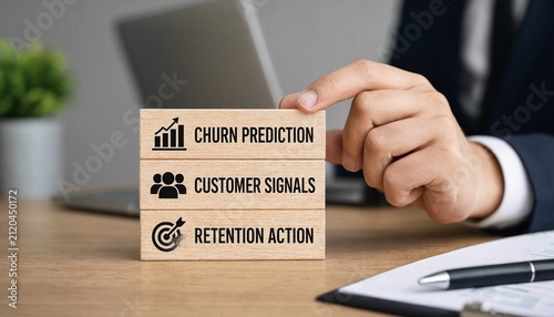 Professional pointing at wooden blocks illustrating churn prediction customer signals and retention action concepts on desk