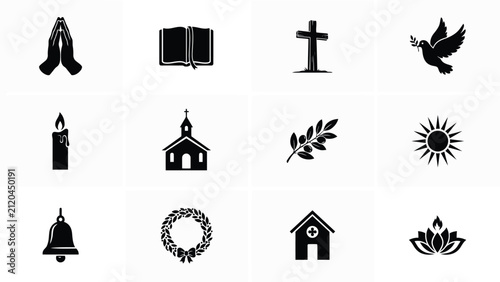 Фотография Elegant black and white religious symbols icon set with representing spiritual s