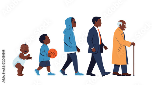 Illustration showing the growth stages of an African American male from an infant to a child, teenager, adult, and elderly man.