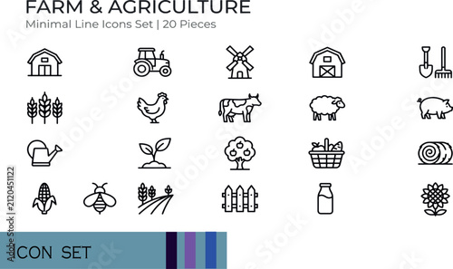 Print Farm and Agriculture Minimal Line Icons Set 20 Pieces Vector Collection