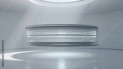 Futuristic Floating Circular Ring Installation in a Minimalist White Architectural Chamber