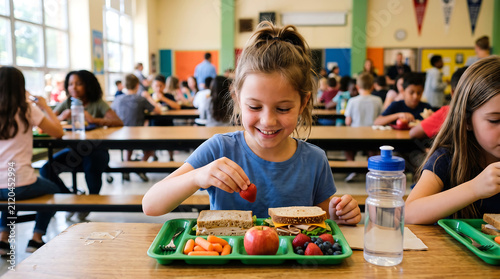 Happy school girl eating a healthy lunch in a cafeteria with friends
