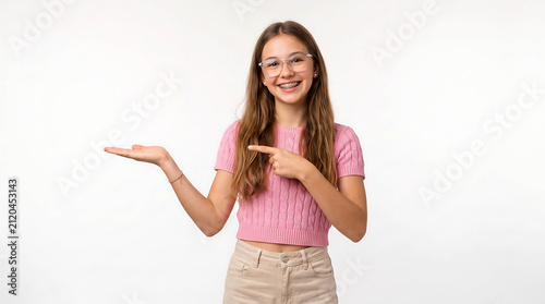 Happy smiling teenage girl with glasses and braces pointing at copy space isolated on white background