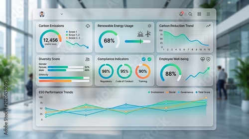 Futuristic transparent dashboard displaying business analytics in a modern office.