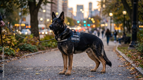 German Shepherd Service Dog Standing Alert on Park Pathway in City Environment