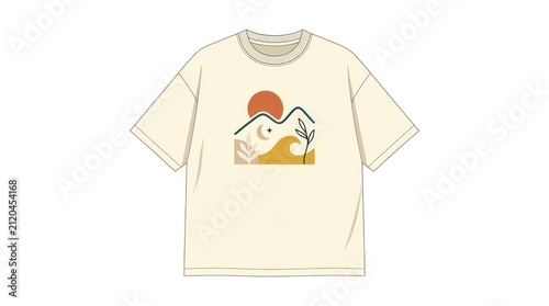 Oversized t-shirt with minimalist mountain art. Trendy beige tee with boho nature graphic.