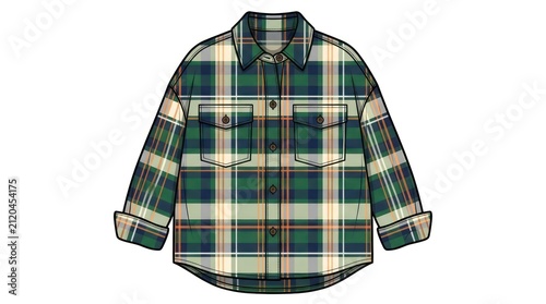 Oversized green plaid overshirt isolated. Casual flannel button down shirt for autumn style.