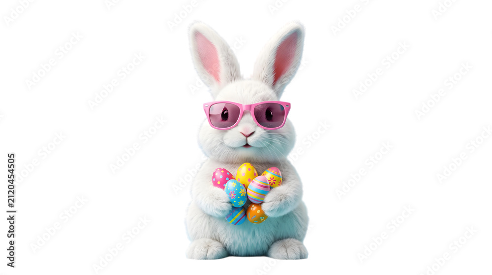 Fototapeta premium Cute white easter bunny wearing pink sunglasses holding colorful eggs isolated on transparent background
