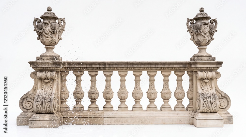 Fototapeta premium Ornate stone balustrade featuring detailed classical pedestals and decorative water splashing elements on white background