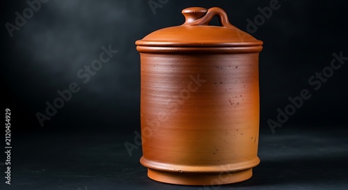 Traditional brown clay pottery jar with a lid isolated on a dark black background, with dramatic lighting, and visible texture, of the ceramic